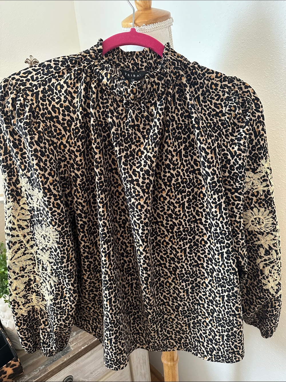 Tribal Leopard-Print Blouse in Beige and Black with Embroidered Sleeves